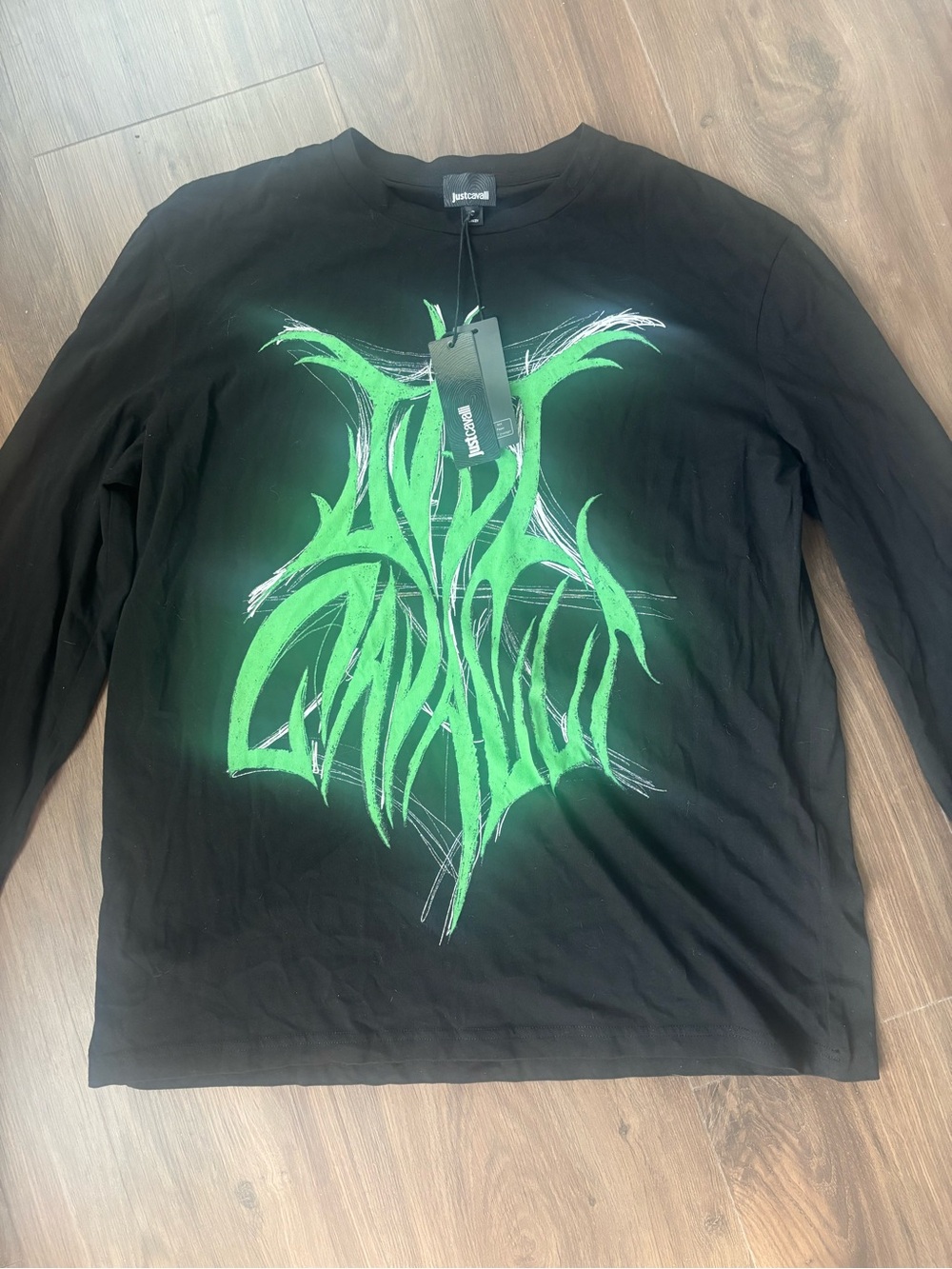 Just Cavalli Black Long-Sleeve Tee with Neon Green Graphic